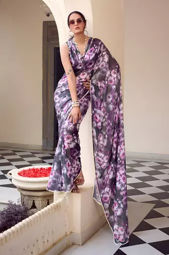 purple color georgette fabric beautiful floral printed saree