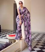 purple color georgette fabric beautiful floral printed saree