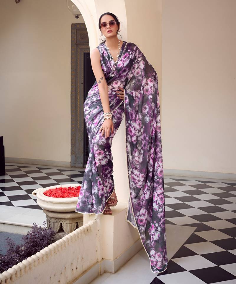 purple color georgette fabric beautiful floral printed saree