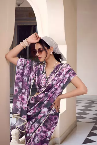 purple georgette floral printed saree