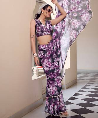 purple georgette floral printed saree 3