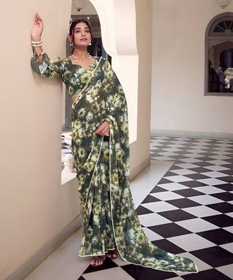 green georgette floral printed saree 1