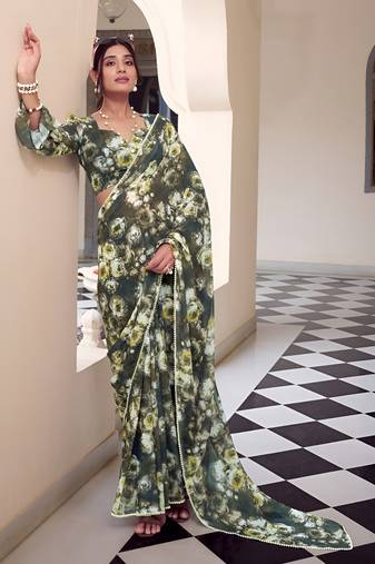 green color georgette fabric beautiful floral printed saree
