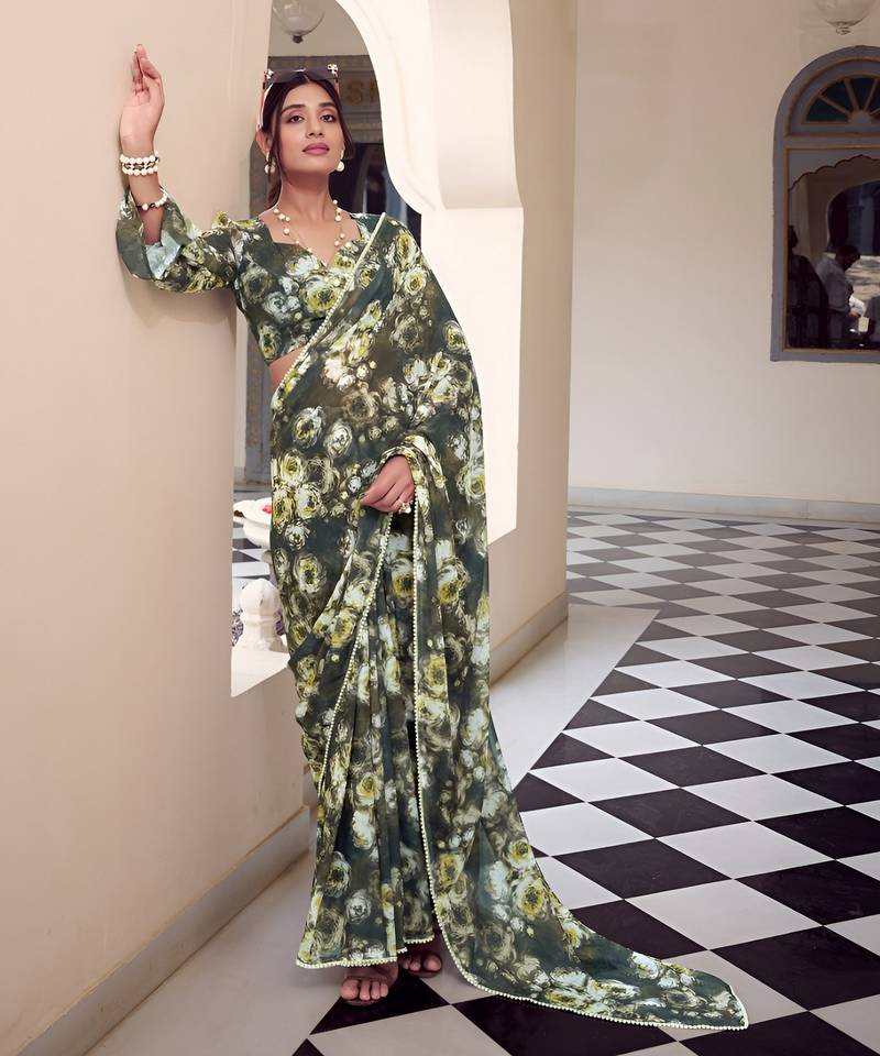 green color georgette fabric beautiful floral printed saree