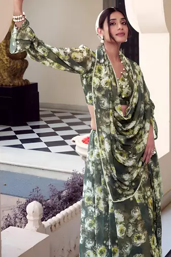 green georgette floral printed saree