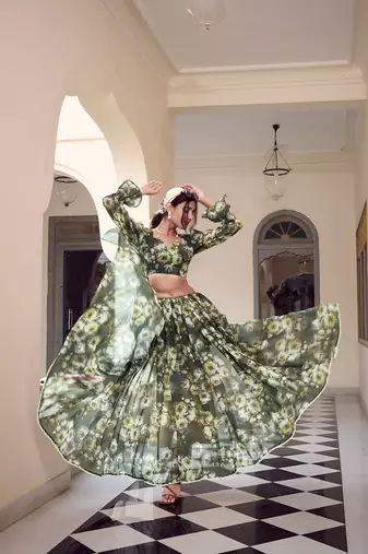 green georgette floral printed saree