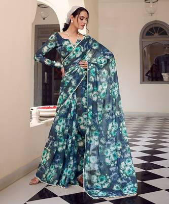 teal georgette floral printed saree 1