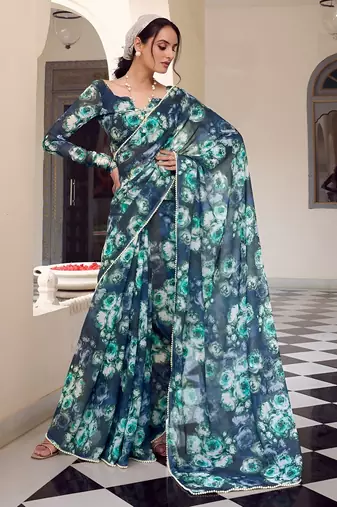 teal color georgette fabric beautiful floral printed saree