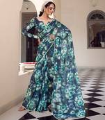 teal color georgette fabric beautiful floral printed saree