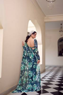 teal georgette floral printed saree 2