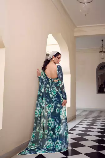 teal georgette floral printed saree
