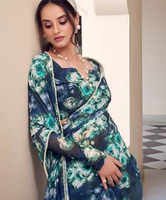 teal georgette floral printed saree 3