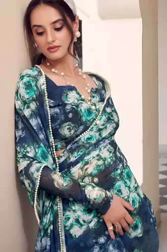 teal georgette floral printed saree