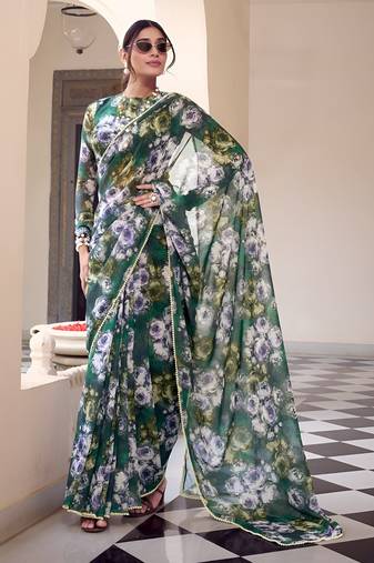 rama color georgette fabric beautiful floral printed saree