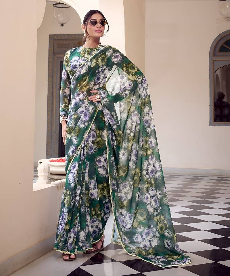 rama color georgette fabric beautiful floral printed saree