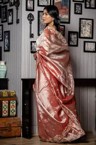 brown woven tissue zari work all seasons sarees
