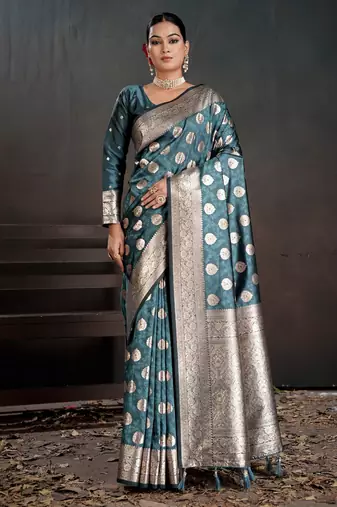 teal color silk blend blended fabric woven jacquard designer partywear saree