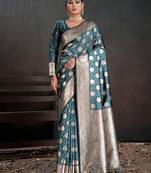 teal color silk blend blended fabric woven jacquard designer partywear saree