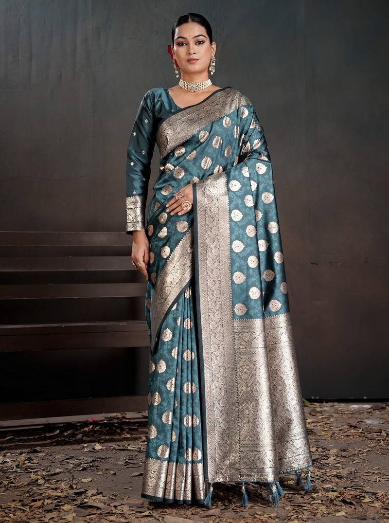 teal color silk blend blended fabric woven jacquard designer partywear saree