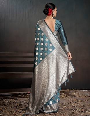 teal silk blend woven jacquard partywear saree 2