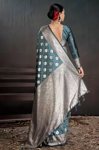teal silk blend woven jacquard partywear saree