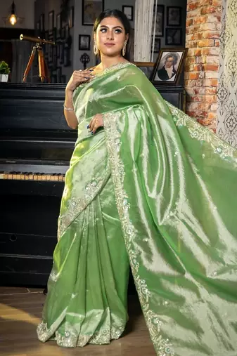 green woven tissue zari work all seasons sarees