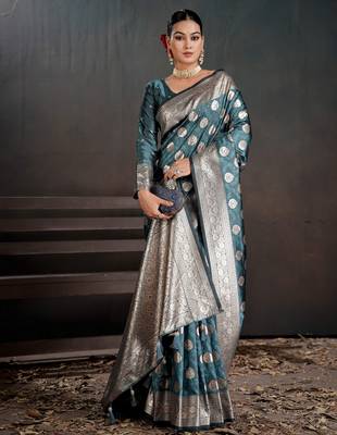 teal silk blend woven jacquard partywear saree 3