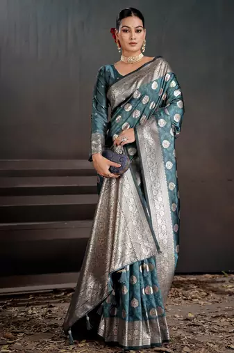 teal silk blend woven jacquard partywear saree