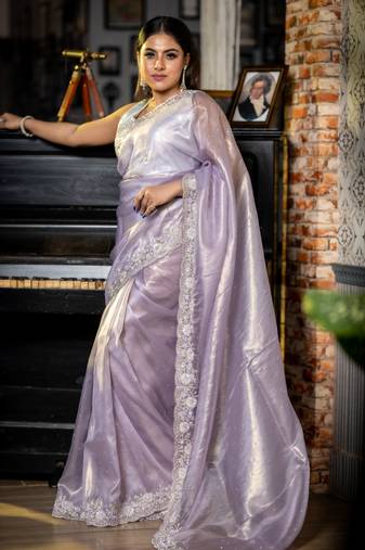 multicolor woven tissue sequins work all seasons sarees