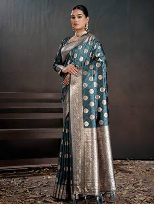 teal silk blend woven jacquard partywear saree 4