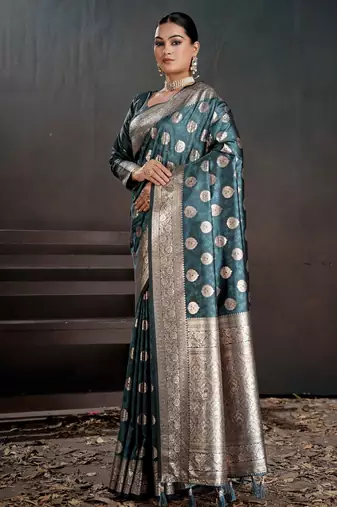 teal silk blend woven jacquard partywear saree