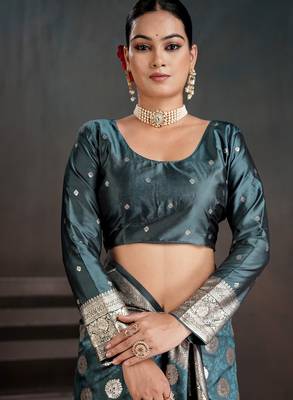 teal silk blend woven jacquard partywear saree 5