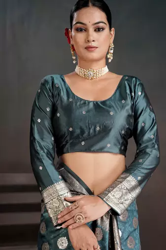 teal silk blend woven jacquard partywear saree