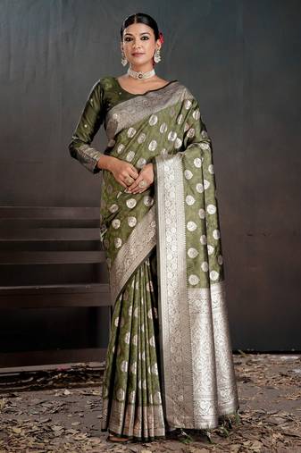 green color silk blend blended fabric woven jacquard designer partywear saree