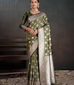 green color silk blend blended fabric woven jacquard designer partywear saree
