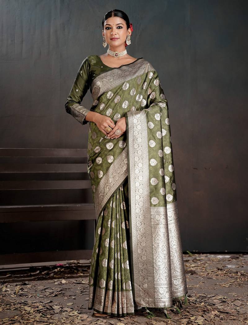 green color silk blend blended fabric woven jacquard designer partywear saree