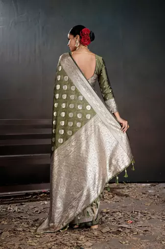 green silk blend woven jacquard partywear saree