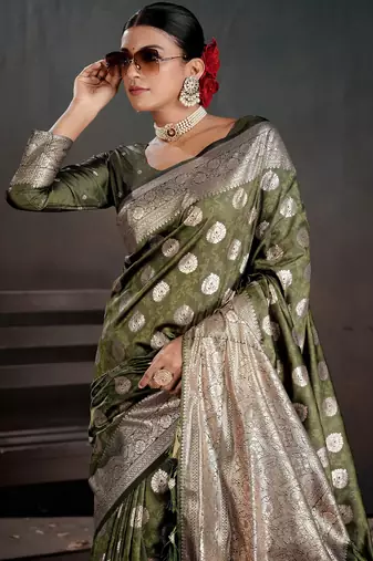 green silk blend woven jacquard partywear saree