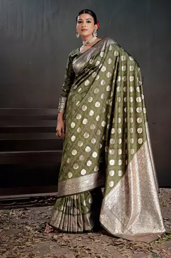 green silk blend woven jacquard partywear saree