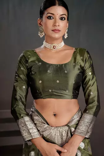 green silk blend woven jacquard partywear saree
