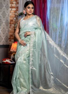 green woven tissue sequins work all seasons sarees 2