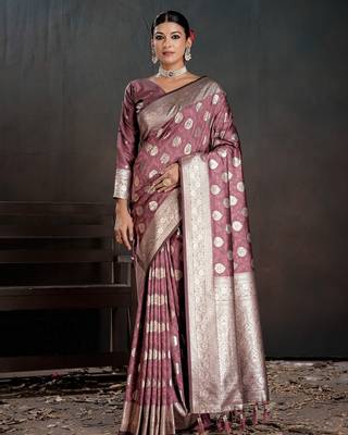 pink silk blend woven jacquard partywear saree 1