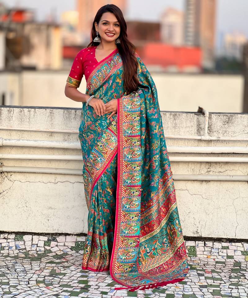 rama color elegant viscose silk blend fabric rich sophisticated saree