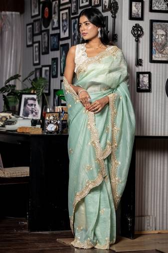 green woven tissue sequins work all seasons sarees