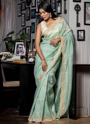green woven tissue sequins work all seasons sarees 2