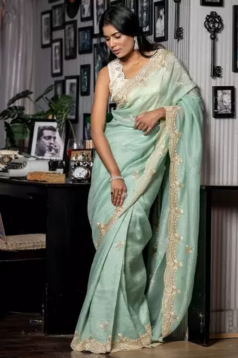 green woven tissue sequins work all seasons sarees