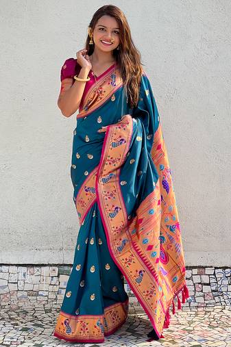 teal color soft silk blend fabric woven meenakari designer ethnic partywear saree