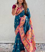 teal color soft silk blend fabric woven meenakari designer ethnic partywear saree