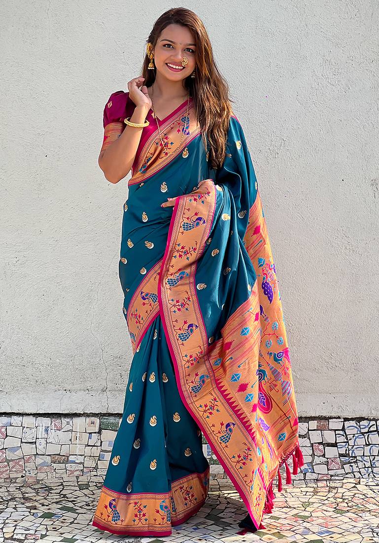 teal color soft silk blend fabric woven meenakari designer ethnic partywear saree