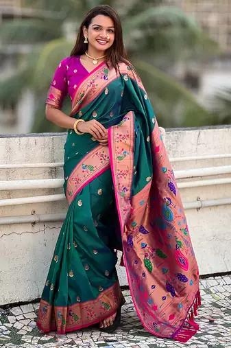 rama color soft silk blend fabric woven meenakari designer ethnic partywear saree